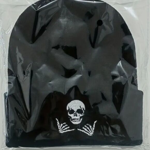 Black skull skeleton beanie hat skull cap - Picture 2 of 2